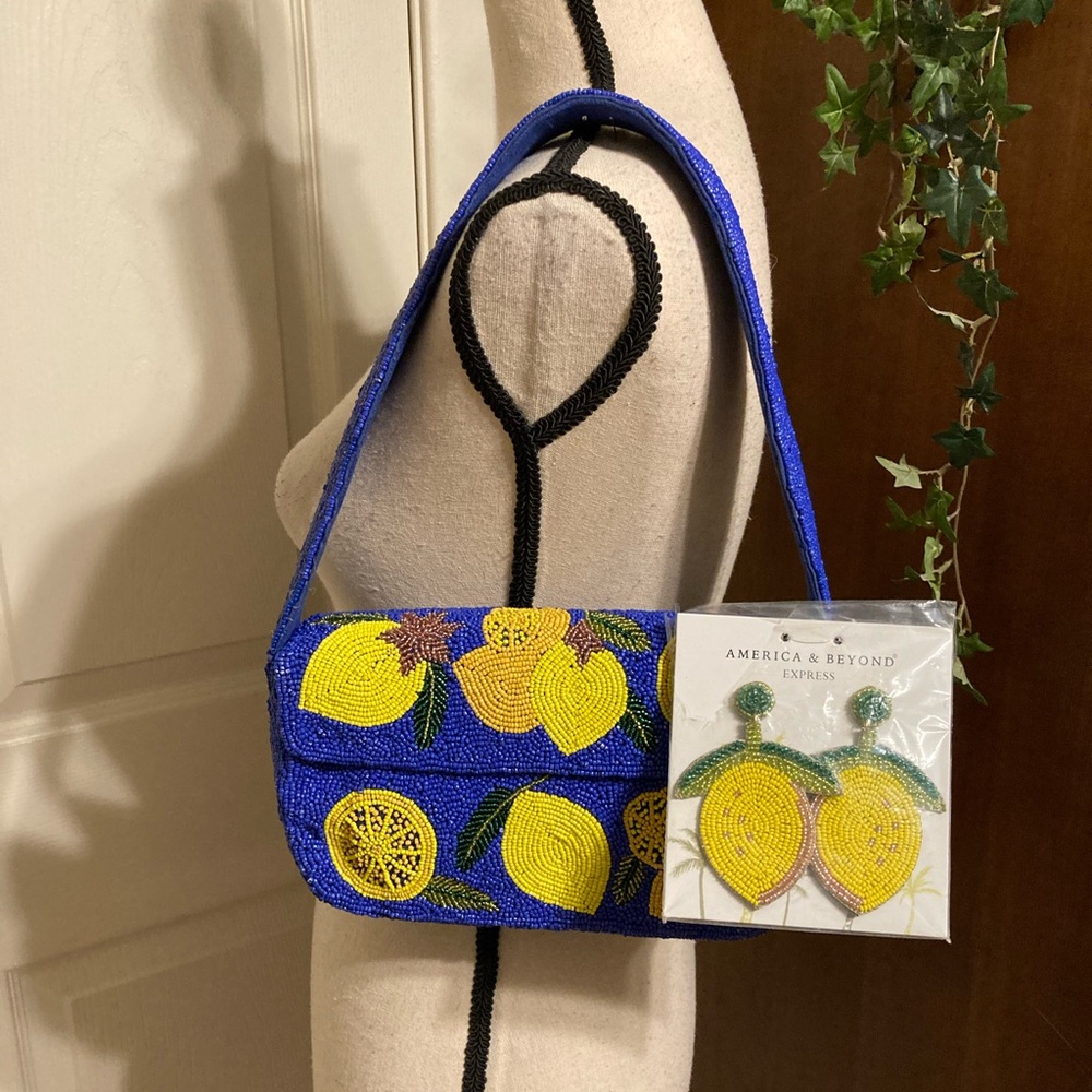 America & Beyond Express Lemon Beaded Blue Shoulder Bag with matching earrings